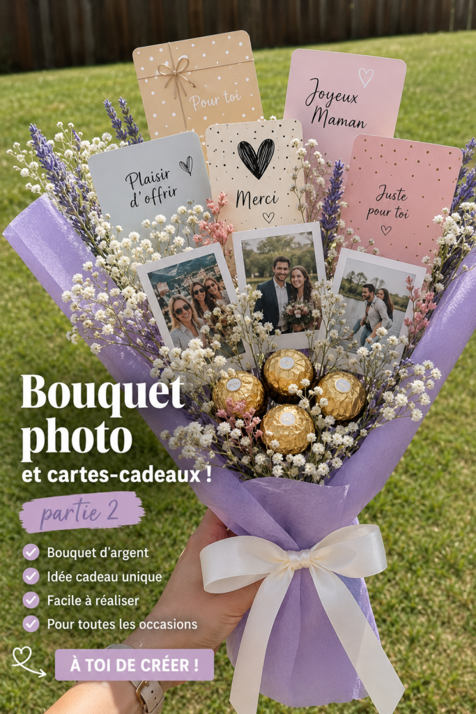 Un bouquet de cartes-cadeaux colorées disposé dans un vase, prêt à être offert à un proche.