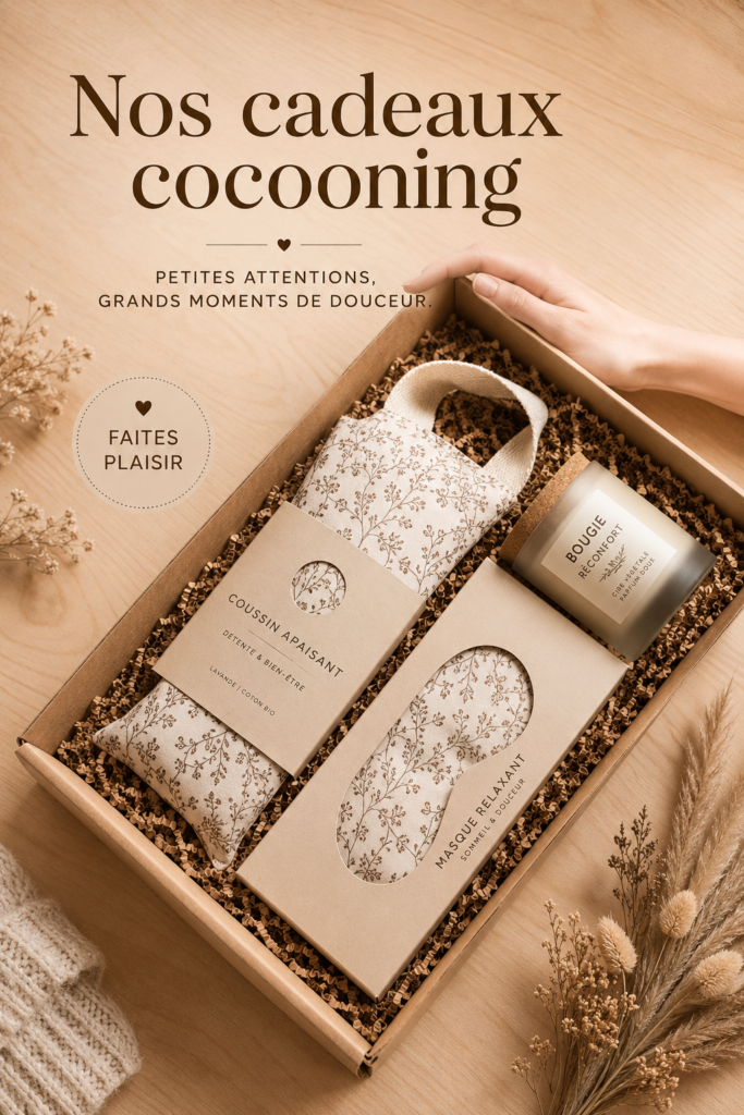 Sélection de cadeaux douillets pour l'hiver, incluant des couvertures et des bougies