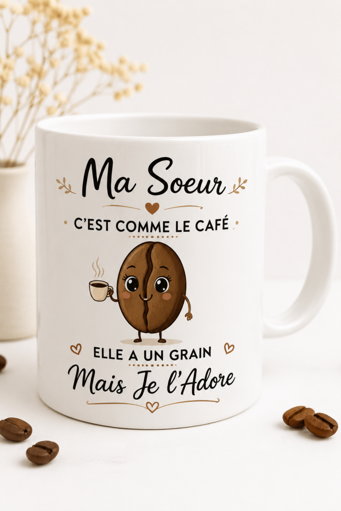 Mug coloré personnalisé pour sœur, évoquant chaleur et affection.