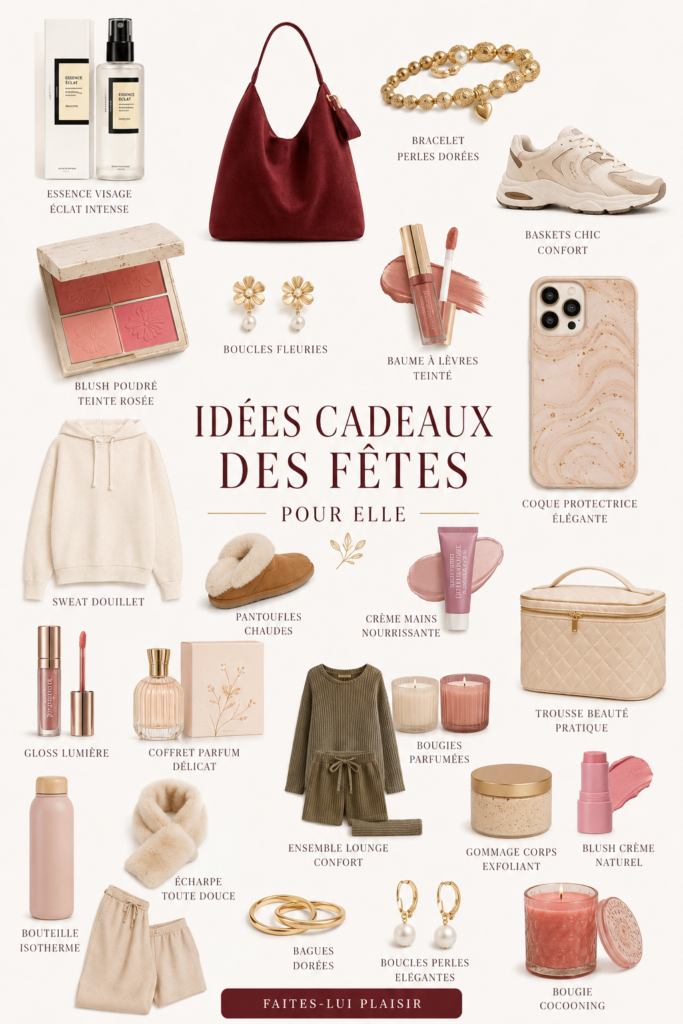 Une collection de cadeaux de Noël soigneusement choisis pour elle, incluant des accessoires et des expériences.