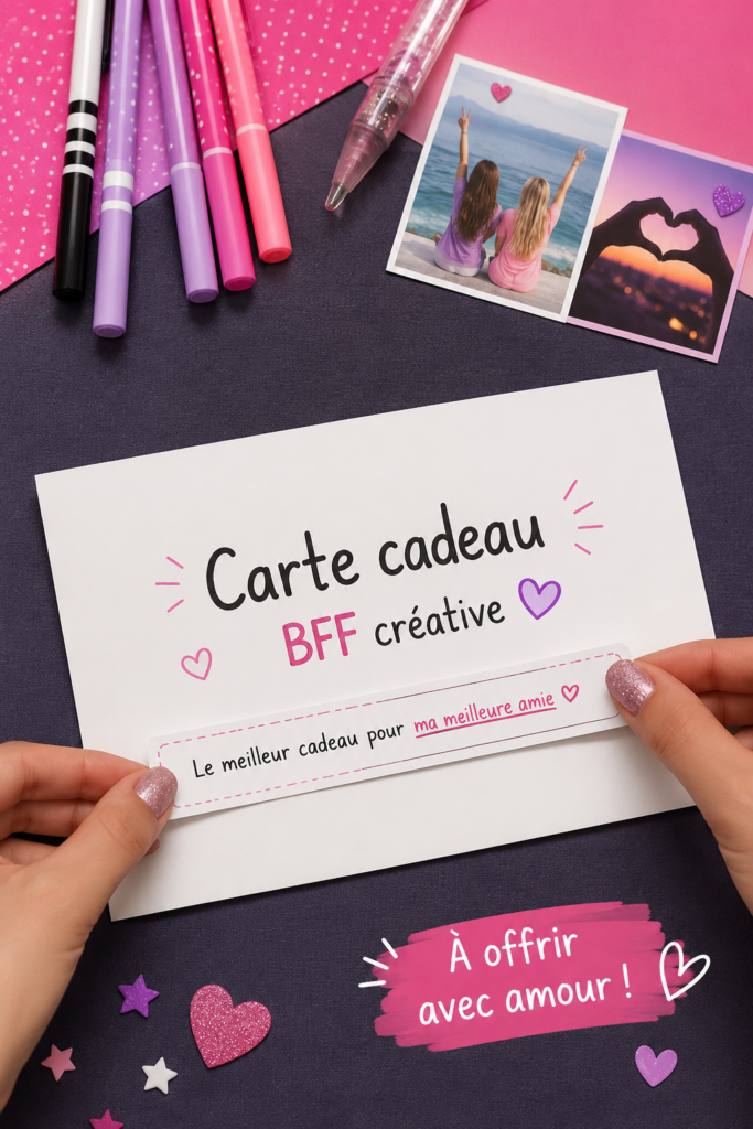 Carte cadeau créative faite main pour un BFF, couleurs vives et motifs personnalisés.