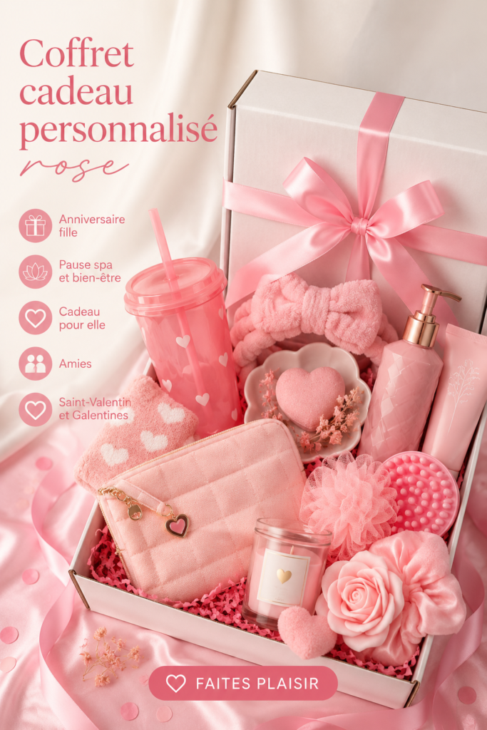 Coffret cadeau assorti avec des produits de bien-être pour femmes, idéal pour un anniversaire.