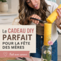Femme réalisant un cadeau fait main pour la fête des mères, avec des matériaux colorés et créatifs.