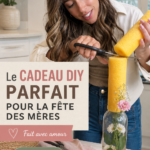 Femme réalisant un cadeau fait main pour la fête des mères, avec des matériaux colorés et créatifs.