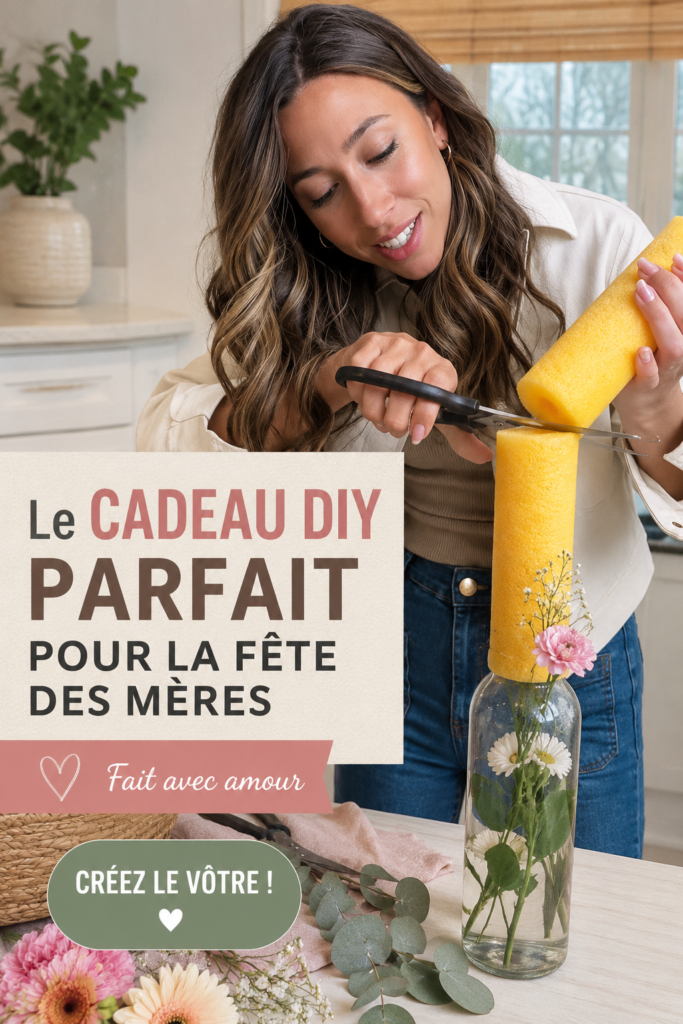 Femme réalisant un cadeau fait main pour la fête des mères, avec des matériaux colorés et créatifs.