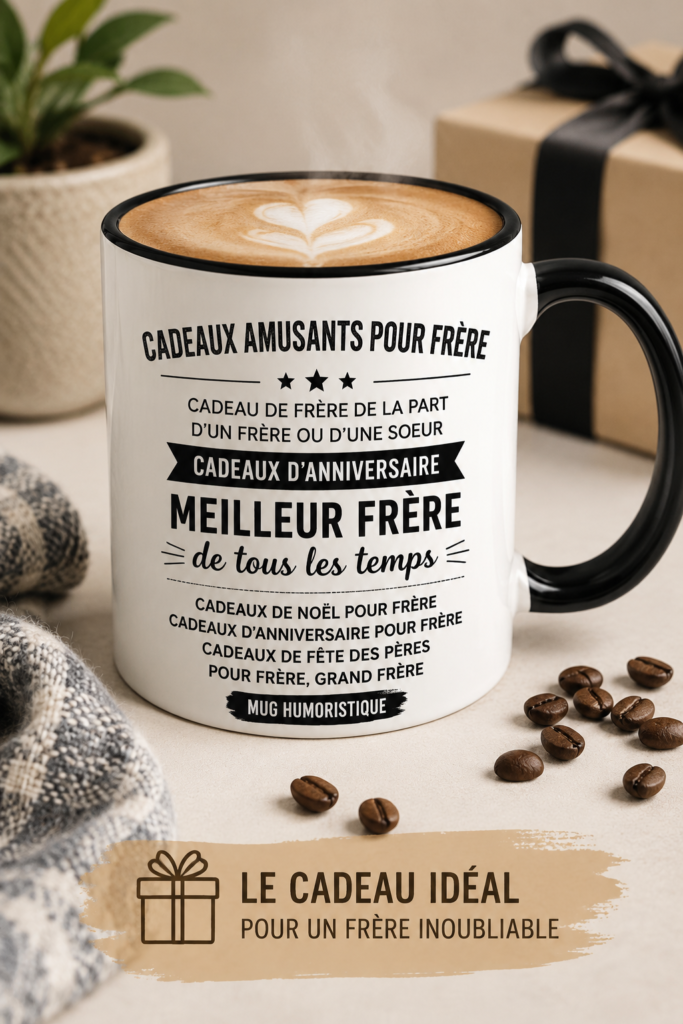 Un ensemble de cadeaux drôles pour frères avec des mugs humoristiques et des gadgets amusants.