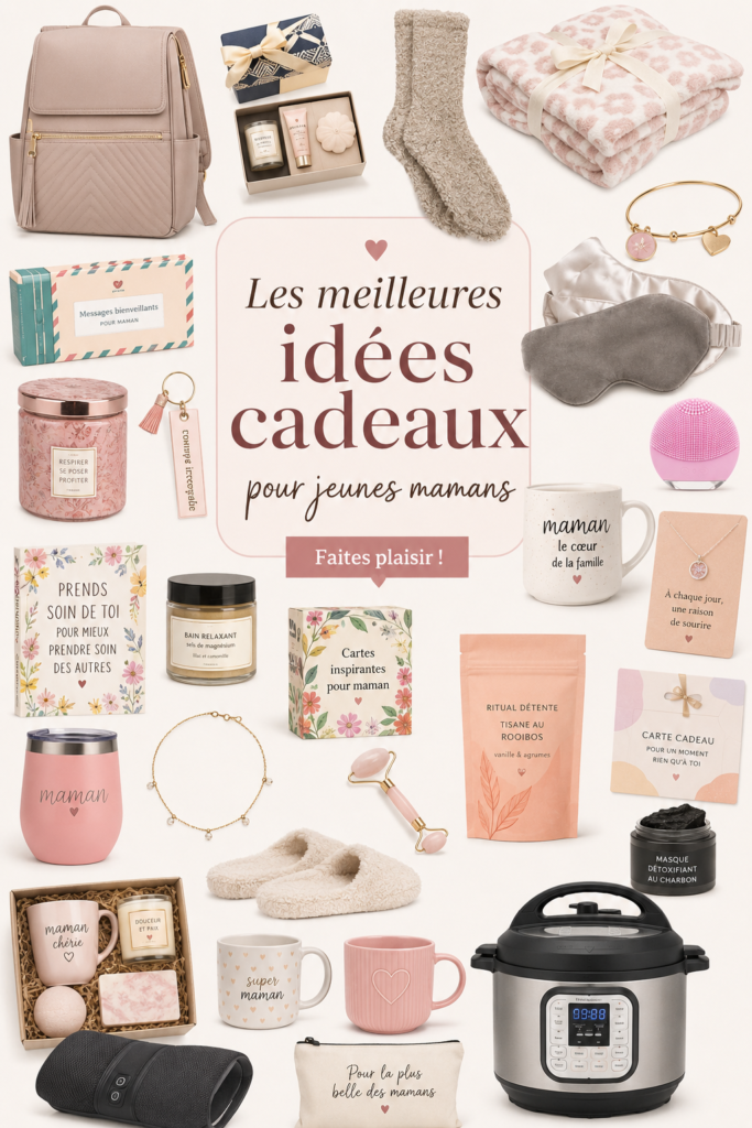 Un joli coffret cadeau pour une nouvelle maman, comprenant des soins et articles pratiques.