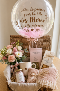 Panier cadeau coloré pour la fête des mères rempli de douceurs et de petits trésors