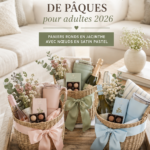 Un joli panier de Pâques décoré avec un ruban pastel et des douceurs