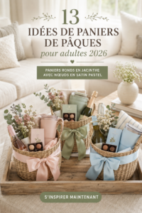 Un joli panier de Pâques décoré avec un ruban pastel et des douceurs
