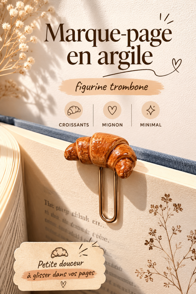 Marque-page en argile en forme de croissant coloré, posé sur une pile de livres.