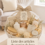 Un panier cadeau de luxe joliment présenté avec des produits variés et raffinés.