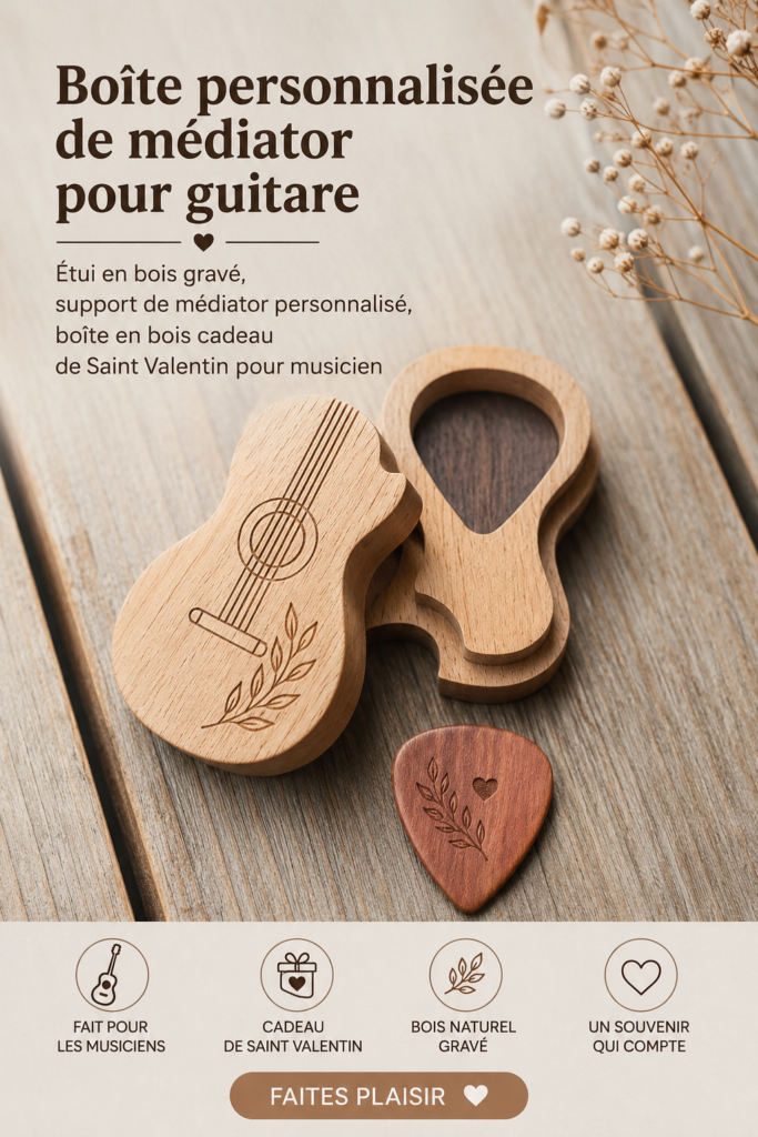 Une belle boîte en bois personnalisée pour médiators de guitare