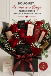 Bouquet de maquillage coloré comprenant des rouges à lèvres et des soins pour la peau.