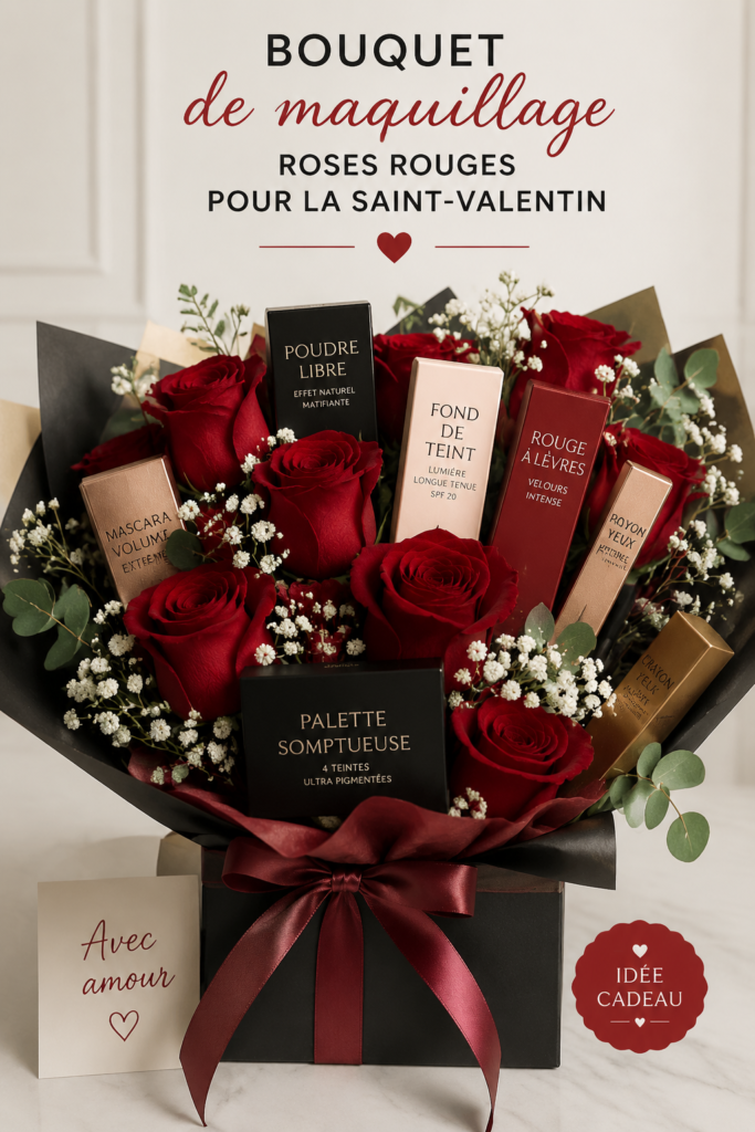 Bouquet de maquillage coloré comprenant des rouges à lèvres et des soins pour la peau.