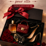 Une sélection de cadeaux de Saint-Valentin pour elle sur une table décorée.