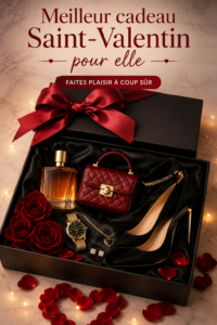Une sélection de cadeaux de Saint-Valentin pour elle sur une table décorée.