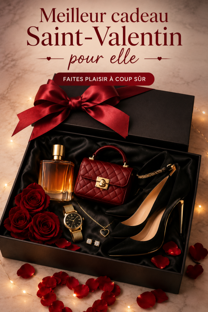 Une sélection de cadeaux de Saint-Valentin pour elle sur une table décorée.