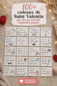 Cadeaux variés pour la Saint-Valentin, allant des objets personnalisés aux expériences ensemble.