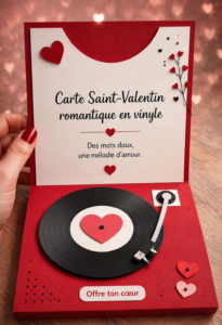 Carte romantique en vinyle faite main, décorée de cœurs.