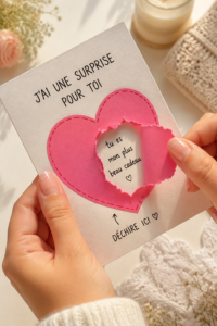 Carte surprise faite à la main avec des éléments décoratifs et un message d'amour.