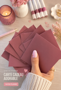 Une sélection de cartes cadeaux adorables sur une table en bois.