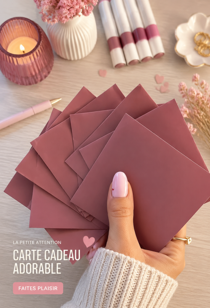 Une sélection de cartes cadeaux adorables sur une table en bois.