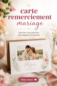 Exemple de carte de remerciement personnalisée pour un mariage, élégante et émotive.