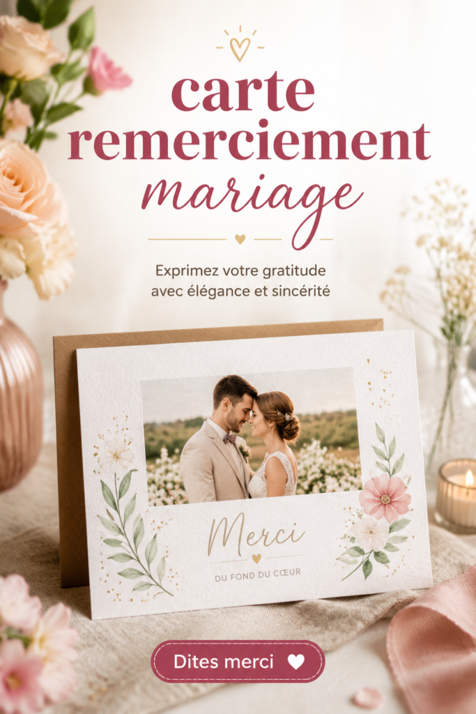 Exemple de carte de remerciement personnalisée pour un mariage, élégante et émotive.