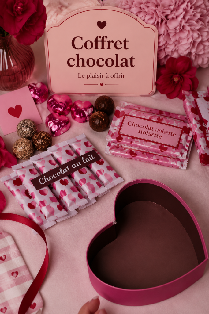 Coffret de chocolats raffinés sur une table en bois