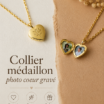 Collier médaillon photo cœur gravé en acier inoxydable