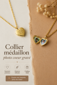 Collier médaillon photo cœur gravé en acier inoxydable