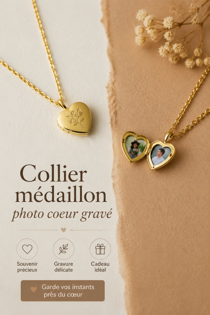 Collier médaillon photo cœur gravé en acier inoxydable