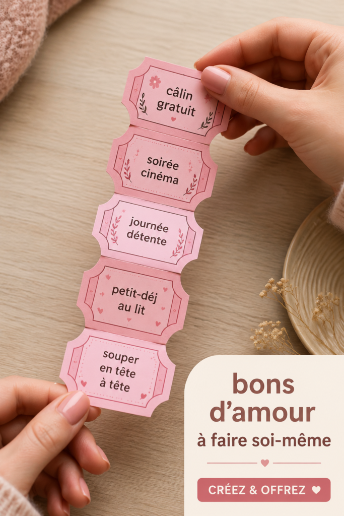 Un ensemble de coupons d'amour DIY présentés joliment dans un cadre romantique.