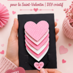 Carte en cascade colorée pour la Saint-Valentin, avec des cœurs et un message d'amour.