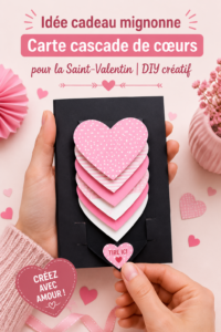 Carte en cascade colorée pour la Saint-Valentin, avec des cœurs et un message d'amour.