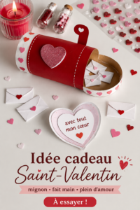 Un ensemble de cadeaux mignons faits maison pour la Saint-Valentin sur une table, mettant en avant des créations artisanales.