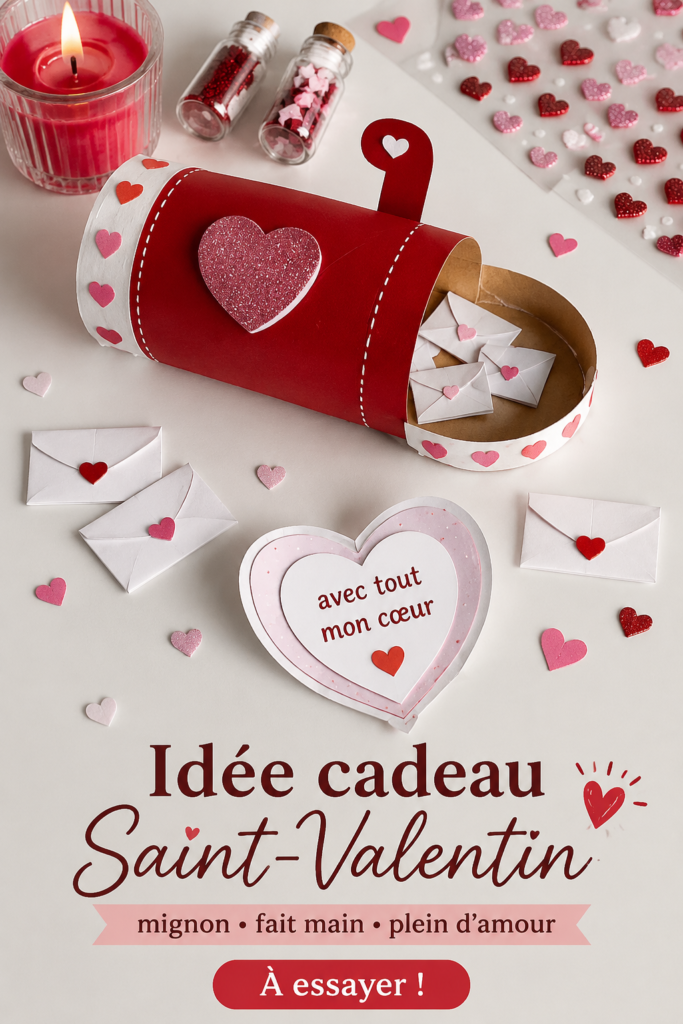 Un ensemble de cadeaux mignons faits maison pour la Saint-Valentin sur une table, mettant en avant des créations artisanales.