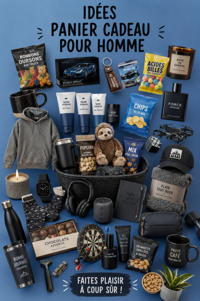 Panier cadeau fait maison rempli d'articles pour homme