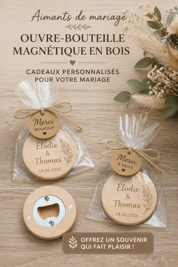 Ouvre-bouteille en bois personnalisé, un cadeau de mariage élégant.