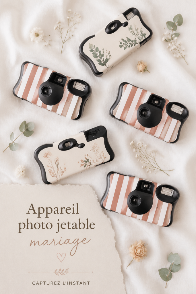 Appareil photo jetable posé sur une table décorée lors d'un mariage