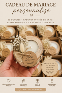 Bougies personnalisées prêtes à être offertes comme cadeaux de mariage.