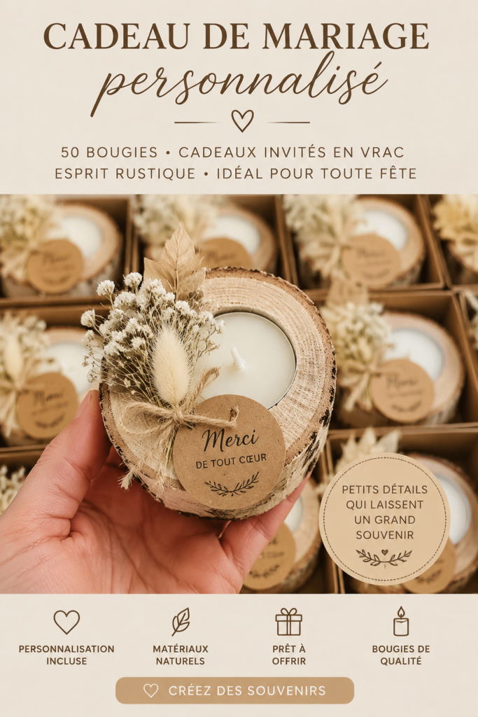 Bougies personnalisées prêtes à être offertes comme cadeaux de mariage.