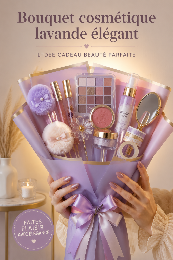 Un élégant bouquet cosmétique à la lavande, présentant divers produits de beauté dans un joli emballage.