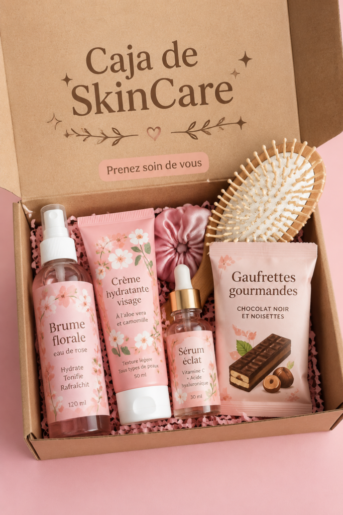 Box beauté ouverte avec divers produits de soins pour la peau.
