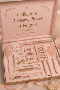 Collection d'accessoires de coiffure avec brosses, pinces et peignes.