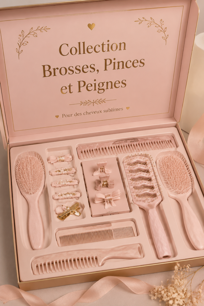 Collection d'accessoires de coiffure avec brosses, pinces et peignes.
