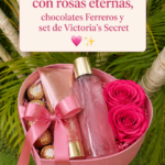 Cadeau romantique avec roses éternelles et chocolats Ferrero dans une jolie boîte