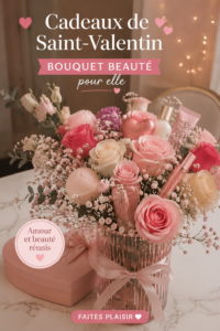 Cadeaux de beauté présentés pour la Saint-Valentin , comprenant parfums et ensembles de maquillage.
