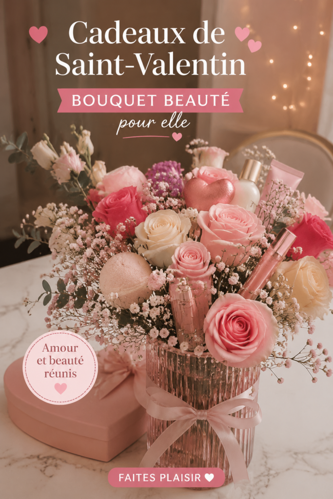 Cadeaux de beauté présentés pour la Saint-Valentin , comprenant parfums et ensembles de maquillage.